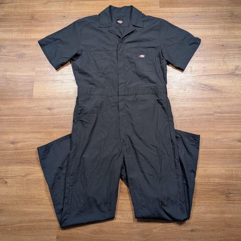 Dickies Short Sleeve Coverall Zip Up Snap Black Men's Sz L Regular Workwear